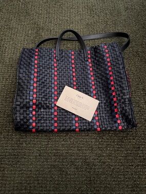 Clare V Black Woven Tote with Red Stripe Accents